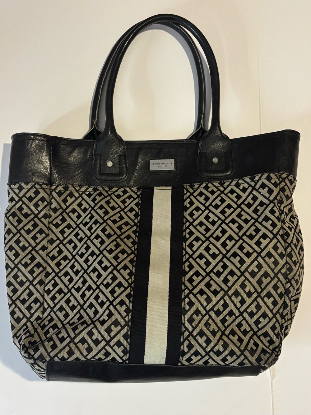 Tommy Hilfiger Black and Cream Patterned Stripe Tote